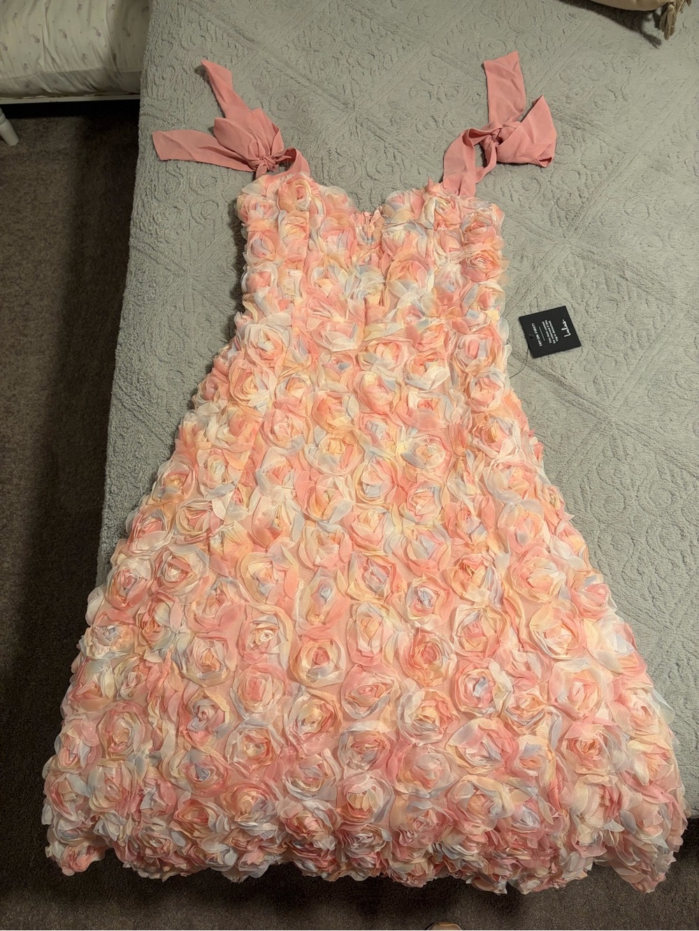 Lulu's Peach & Cream Rosette Tie-Shoulder Midi Dress